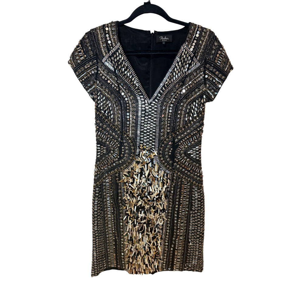 Parker Black Beaded Mini Dress Black Gold Size 8